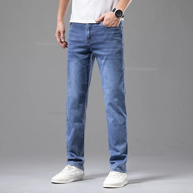 Sommer Dünne männer Baumwolle Jeans Neue Mode Grau Elastische Gerade Business Casual Hosen Bequeme Marke Hosen
