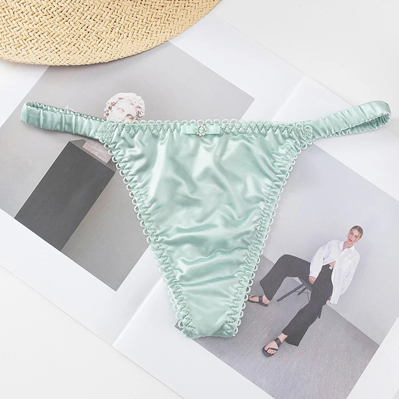 Dünner Gürtel-Slip mit Schleife für Damen und Mädchen, Sportunterwäsche, Tanga, niedrige Taille, nahtlos, weiche Satin-Slips, Damen-Dessous