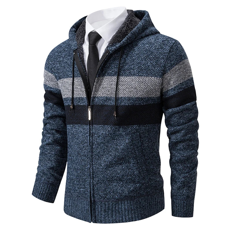 Mann Pullover Strickjacke Streifen Zipper Stricken Jacke Fleece Warme Mit Kapuze Pullover Mantel männer Straße Casual Männliche Jacke Mantel Jumper