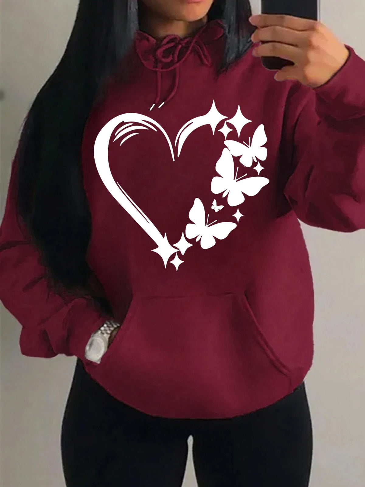 Kombination von Liebe und Schmetterling Hoody Plus Größe Frauen Hip Hop Herbst Hoodies Fleece Tasche Kleidung Vintage mehrfarbige Hoodie