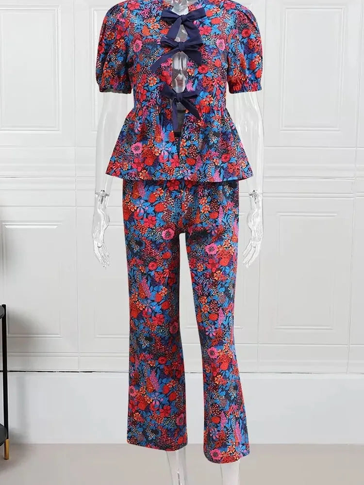 2024 Damen-Freizeithosen-Set, lila Druck, weites Bein, Hosen + Schleife, Schnürung, kurze Ärmel, Strickjacke, Hemden, Textur, Y2k-Sommeranzug