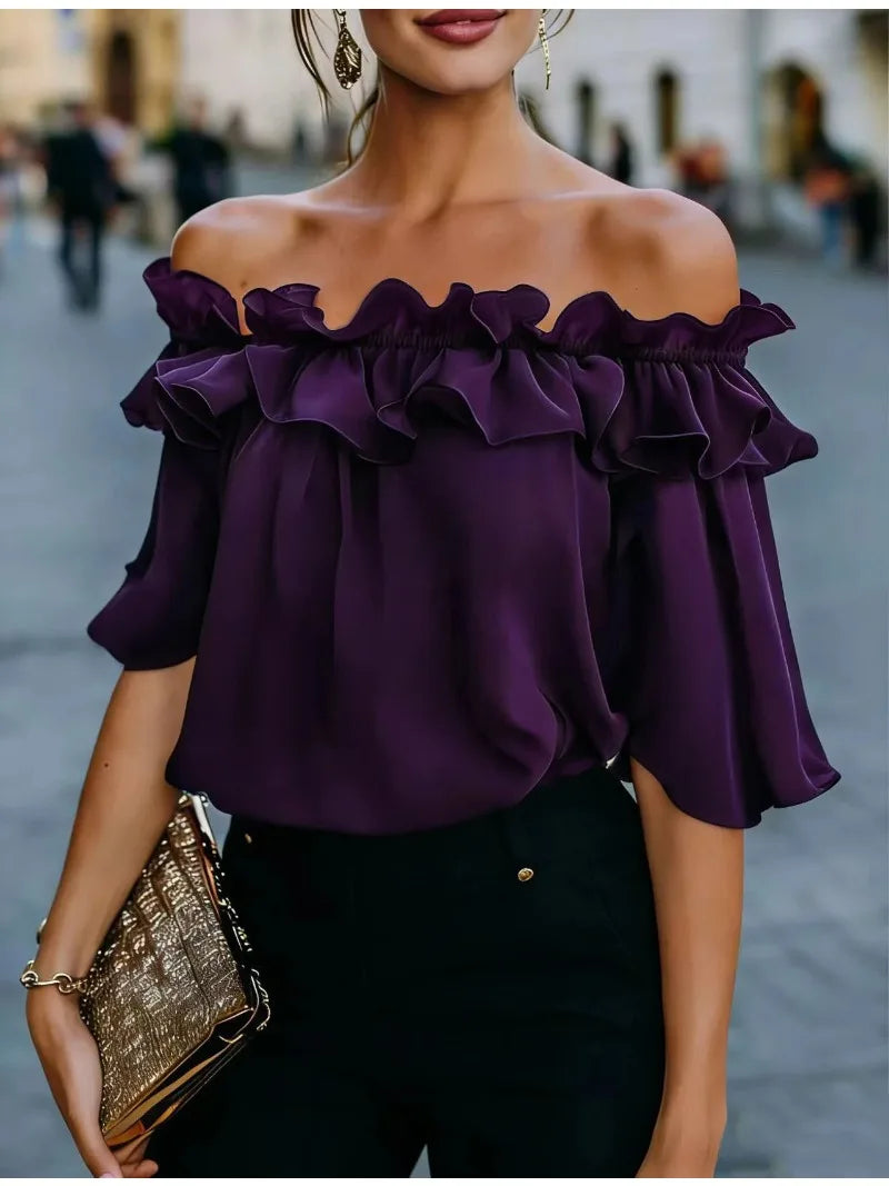 Schulterfreies Rüschenoberteil für Damen, lockere Passform, kurzärmelige Bluse, lässiges Sommerhemd, trendige Mode
