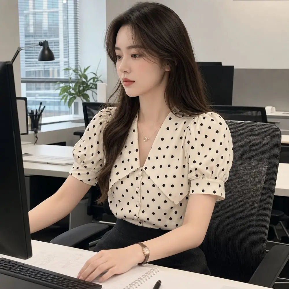 Modische Damenbluse mit Peter-Pan-Kragen, Sommer-Retro-Bluse mit Polka Dots, Elegantes Büro-Outfit mit Puffärmeln für Damen