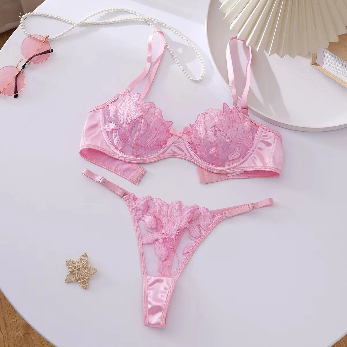 Damen-Set mit Blumenstickerei, Push-Up-BH und Höschen, 2-teiliges sexy Dessous-Set, transparente Bralette-Unterwäsche mit Bügel