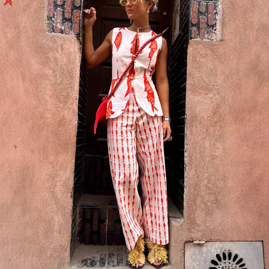 VEITCHE Cartoon Red Fish Print Lange Hosen Set Für Frauen 2025 Sommer Kurzarm Hemd Hohe Taille Breite Bein Hose 2 stück Sets