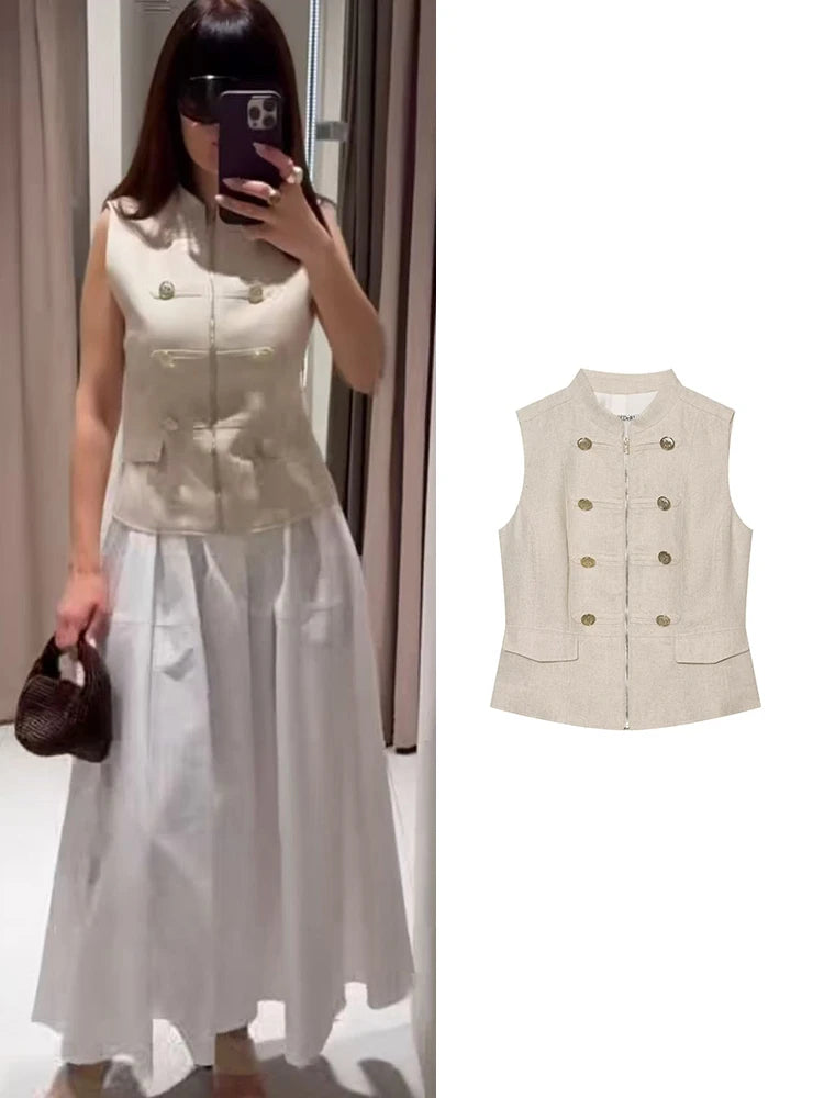    TFMLN Damen Vintage Westen & Mäntel 2026 Sommer Einfarbig Reißverschlüsse Knöpfe Stehkragen Elegante Streetwear Weste Modisch Schmal Geschnitten