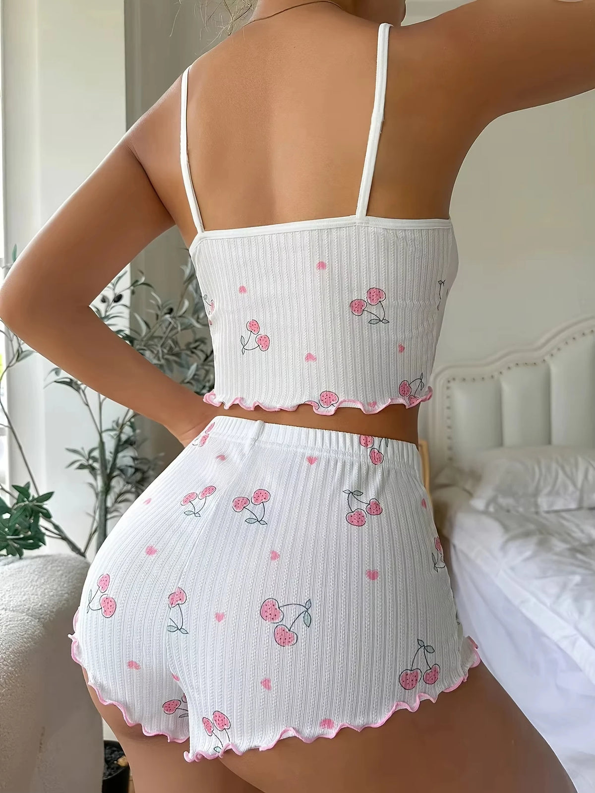 Nachtwäsche Damen Sommer Pyjama Set Herz Druck Sexy Gerippte Schleife Dekor Rundhals Rückenfrei Crop Cami Top & Shorts Nachtwäsche