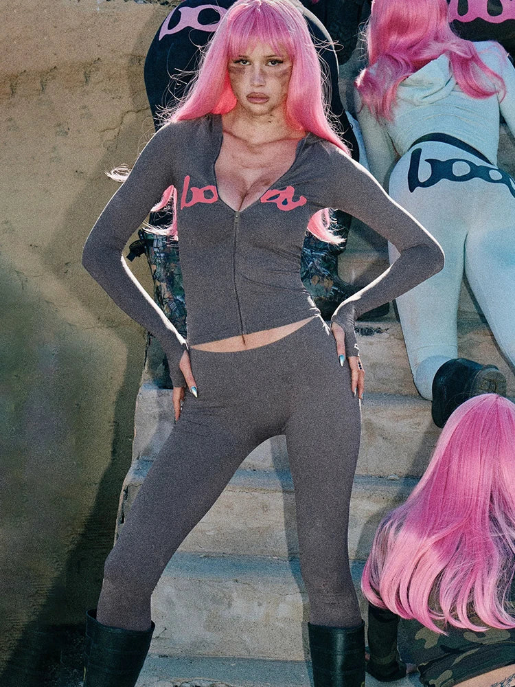 kliou Casual Herbst Frauen 2-teiliges Set Täglich Passenden Outfits Sportliche Brief Drucken Zip-up Mantel + Dünne Feste Hosen mujer Trainingsanzüge