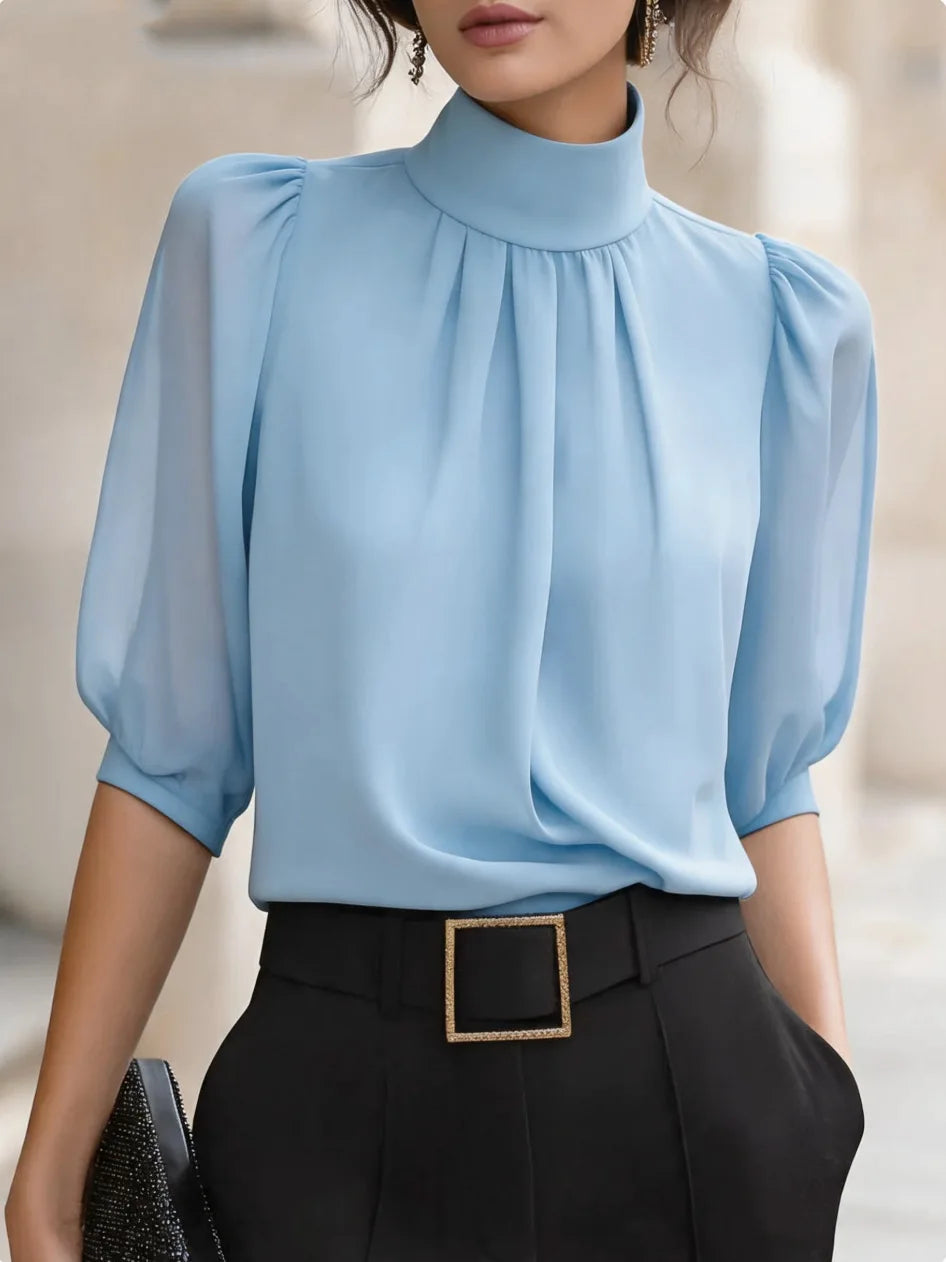 Hochgeschlossene Chiffon-Bluse mit geraffter Vorderseite und Puffärmeln, elegantes Büro- und Pendler-Outfit, locker sitzendes Damen-Oberteil