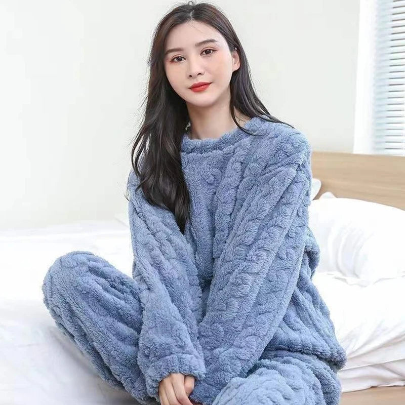 Herbst Frauen Feste Warme 2 Stück Sets Verdicken Samt Rippen Fleece Set Pullover Und Hosen Frauen Casual Pyjama Sets 2023