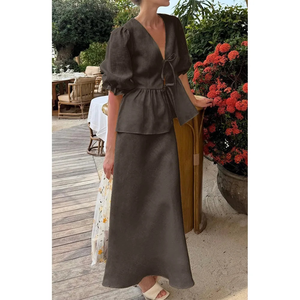 Modisches V-Ausschnitt Damen Baumwollkleid Set mit Schnürung, lockerem langen Rock und Puffärmel-Shirt – Lässiges Zweiteiler-Kleid für Damen