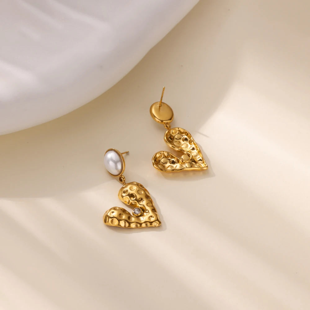Elegante Imitation Perle Tropfen Ohrringe für Frauen Gold Farbe Edelstahl Herz Geometrische Durchbohrte Ohrringe Trendy Party Schmuck