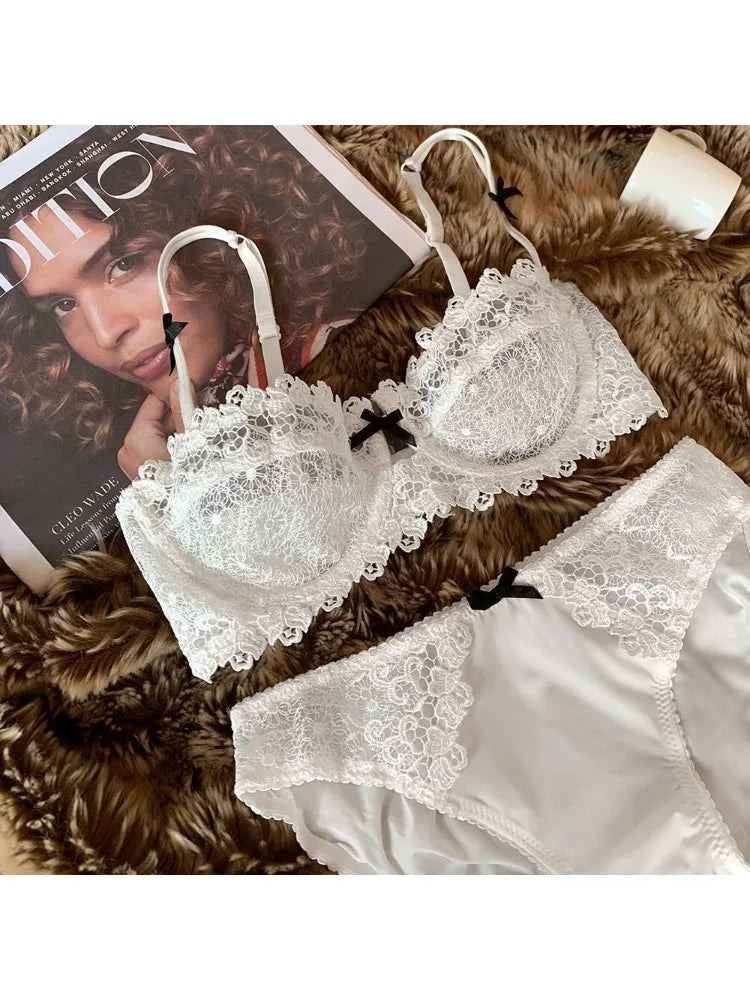 Sexy Spitzen-BH-Set für Damen in Übergröße, halbtransparent, ultradünn, mit Nippelabdeckung, erotische Dessous, Push-up-Komfort-Unterwäsche-Set