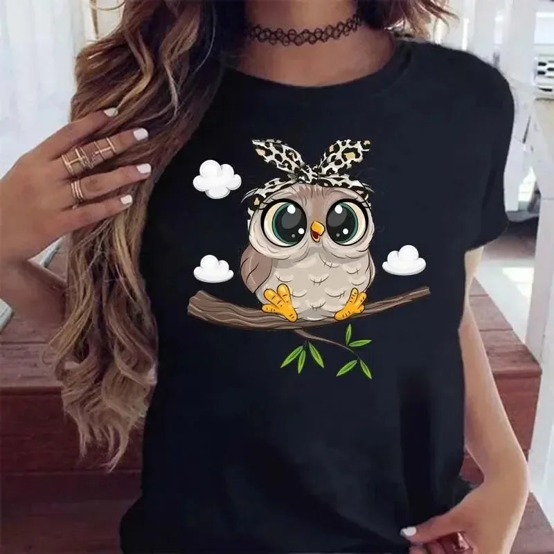 Cartoon Eule Druck T Shirt Frauen Kawaii Grafik Shirts Casual Kurzarm Schwarz Weibliche T Oansatz Harajuku T-shirts