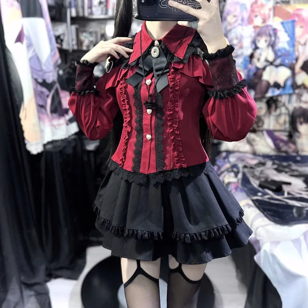 Damen-Lolita-Set, dunkles Femme-Mesh-Oberteil und Taillenrock, 2025, japanischer Herbst-Street-Style-Koord für Gothic-Baddie-Mode