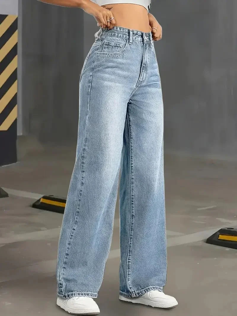 Y2k Jeans für Damen Klassisch Blau Elastisch Gerades Bein Schlichtes Design Retro-Stil Dehnbare Denim-Hose