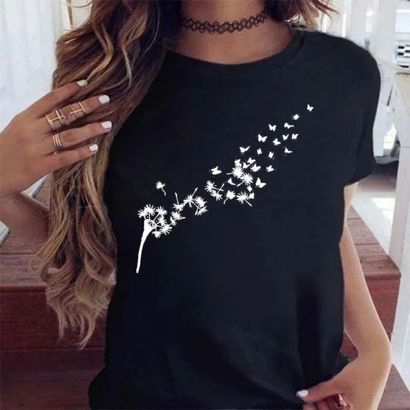 Neue Löwenzahn gedruckt Frauen T-Shirt Cartoon Grafik gedruckt schwarz Damen T-Shirt lässig Frau Shirt lustige T-Shirts