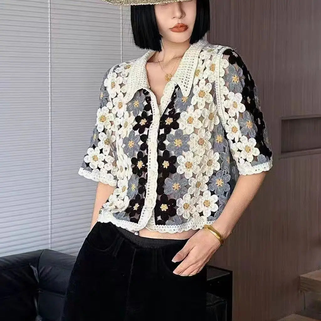 2026 Sommer Langarm Vintage National Trend Damenbekleidung Ausgehöhlte Spitze Patchwork Chiffon Hemden Damen Blusen Großhandel