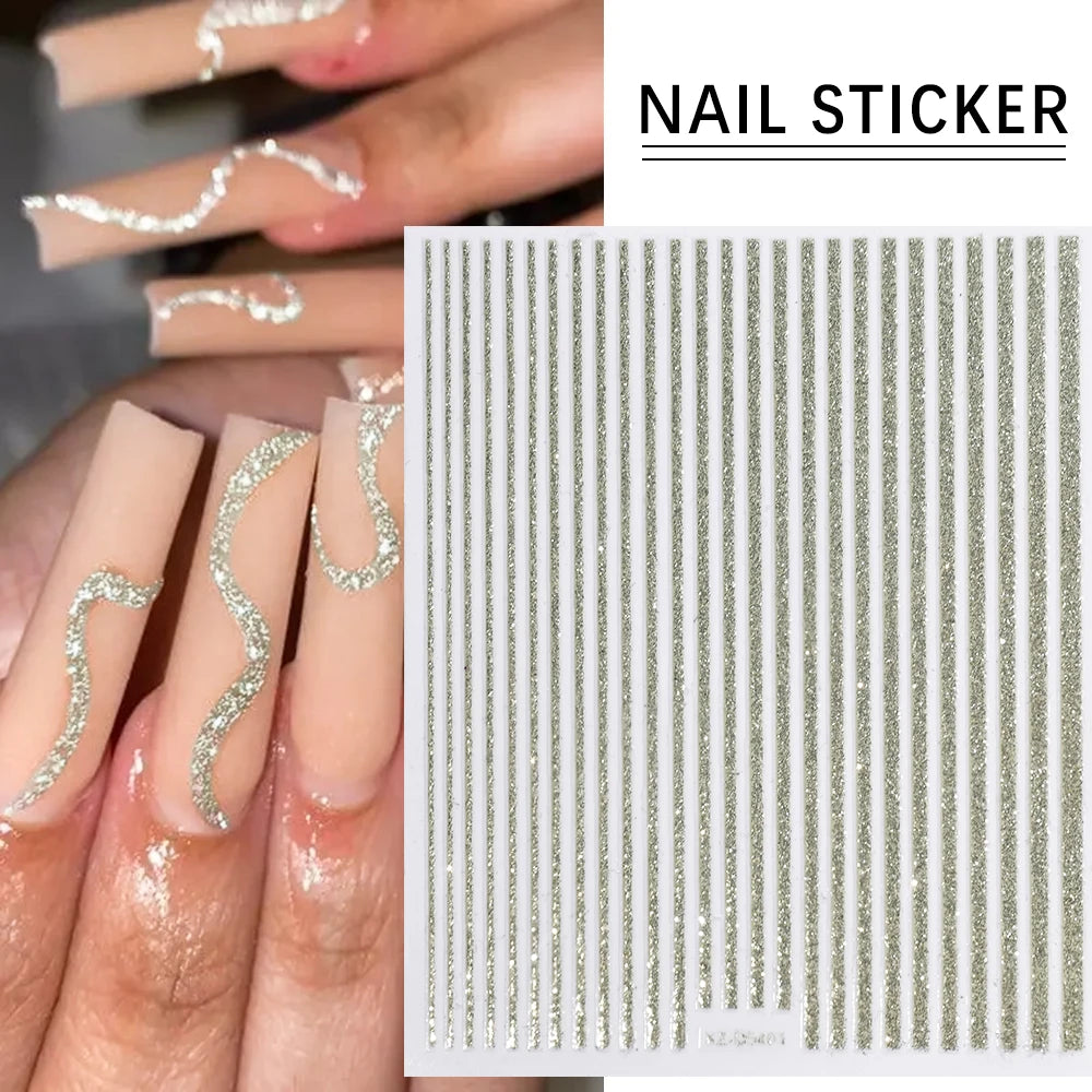 1PC 3D Einfache Französisch Linie Streifen Nail art Aufkleber Gold Silber Metall Linien Nagel Aufkleber Gerade Streifen Polnischen maniküre Spitze # 10*8cm