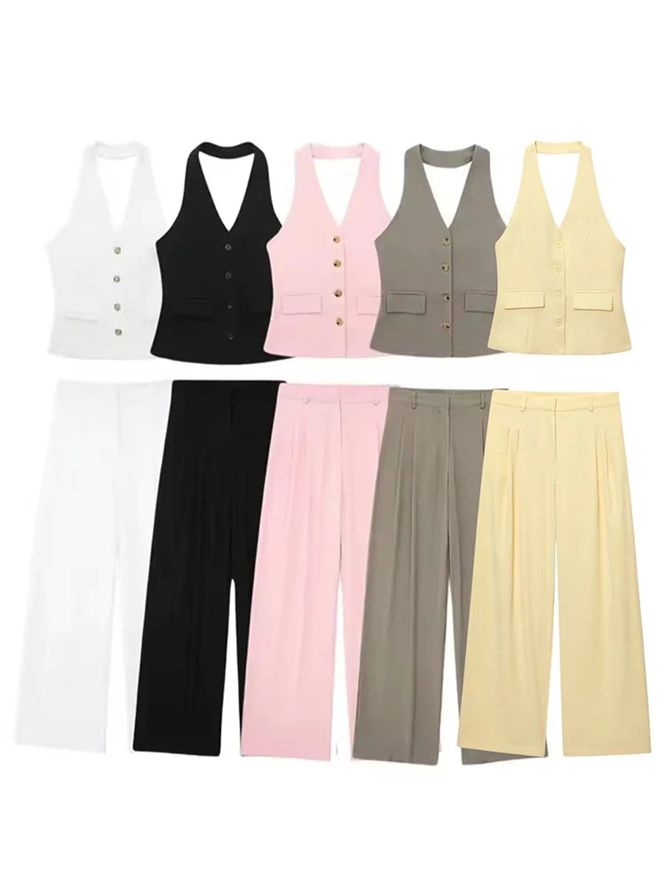 HH 2024 Frauen Fashion Solid Weste Hose Anzug Tasche Ärmellose Neckholder Weste Top + Hohe Taille Zipper Breite Bein hose Büro Dame Set