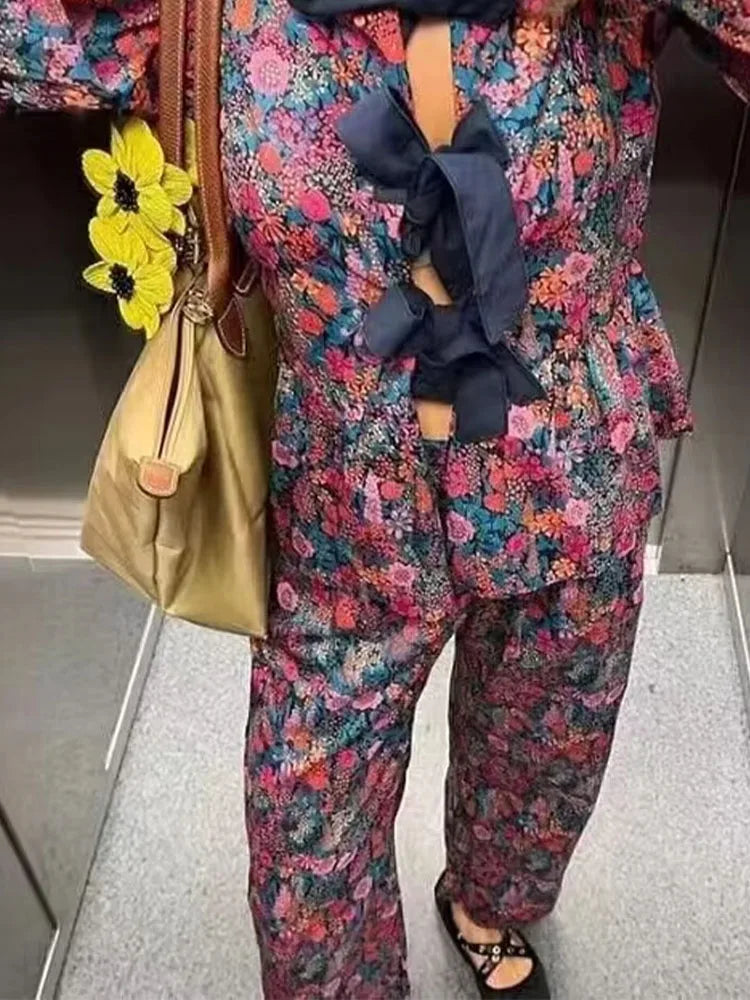 2024 Damen-Freizeithosen-Set, lila Druck, weites Bein, Hosen + Schleife, Schnürung, kurze Ärmel, Strickjacke, Hemden, Textur, Y2k-Sommeranzug