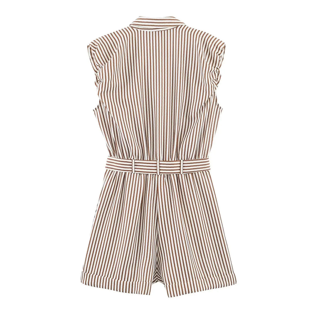 Eleganter gestreifter Damen-Shorts-Jumpsuit für den Sommer, ärmelloser, einreihiger Streetwear-Romper mit Gürtel