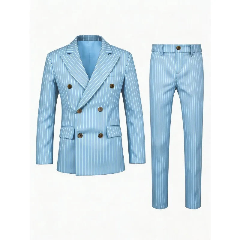 KIDWHXR Herren 2-teiliges Set Doppelreihiger Langarm-Blazer Gerade Geschnittene Hose Gestreifter Business-Hochzeits-Party-Anzug