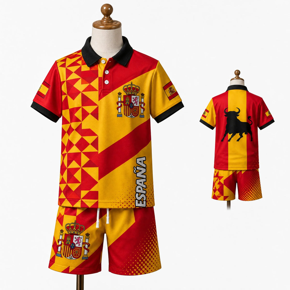 Kinder Spanien Polo-Shirt und Shorts Set für Jungen und Mädchen, Passendes Sommer-Outfit in Rot-Schwarz mit Wappen und Stier-Grafik, Lässiges Reise- und Urlaubsoutfit