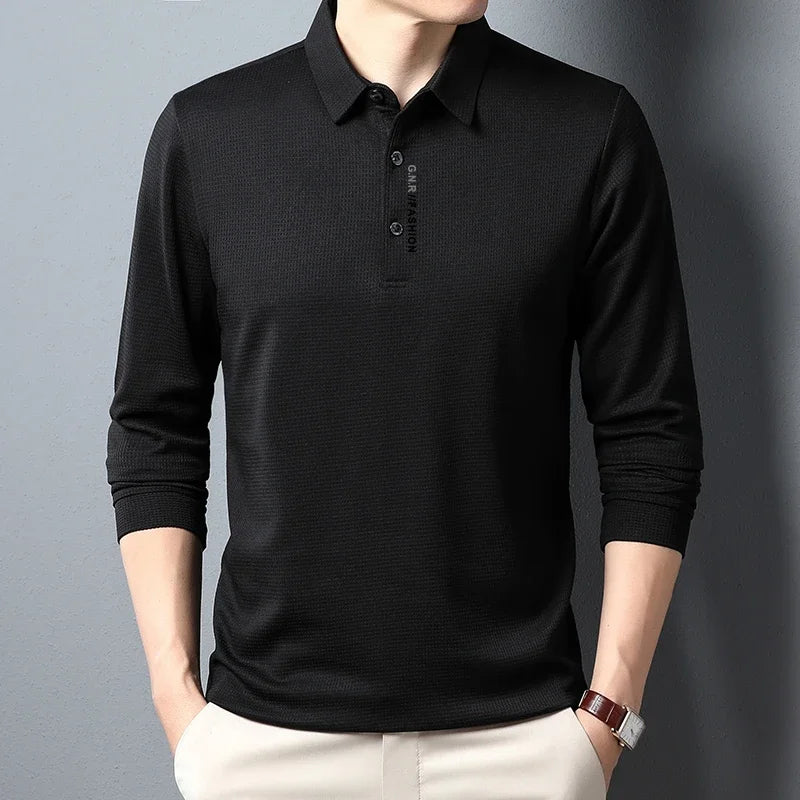 Herren-POLO-Shirt mit Waffelmuster und langen Ärmeln und lässigem Revers-Oberteil mit Buchstabendruck
