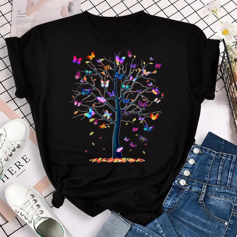 Neue blaue Schmetterling Blumen gedruckt T-Shirt Frauen Sommer lässig Kurzarm O-Ausschnitt Tops 90er Jahre Mode Grafik weibliche Tops T-Shirts