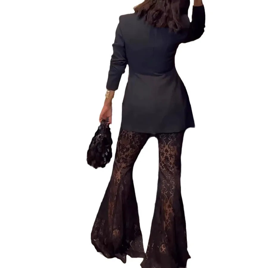 Frauen Mode Elegante Blazer Jacquard Spitze Hosen Sets Schlank Taste Volle Hülse Anzug Jacke Lange Flare Hosen Dame Party Outfits