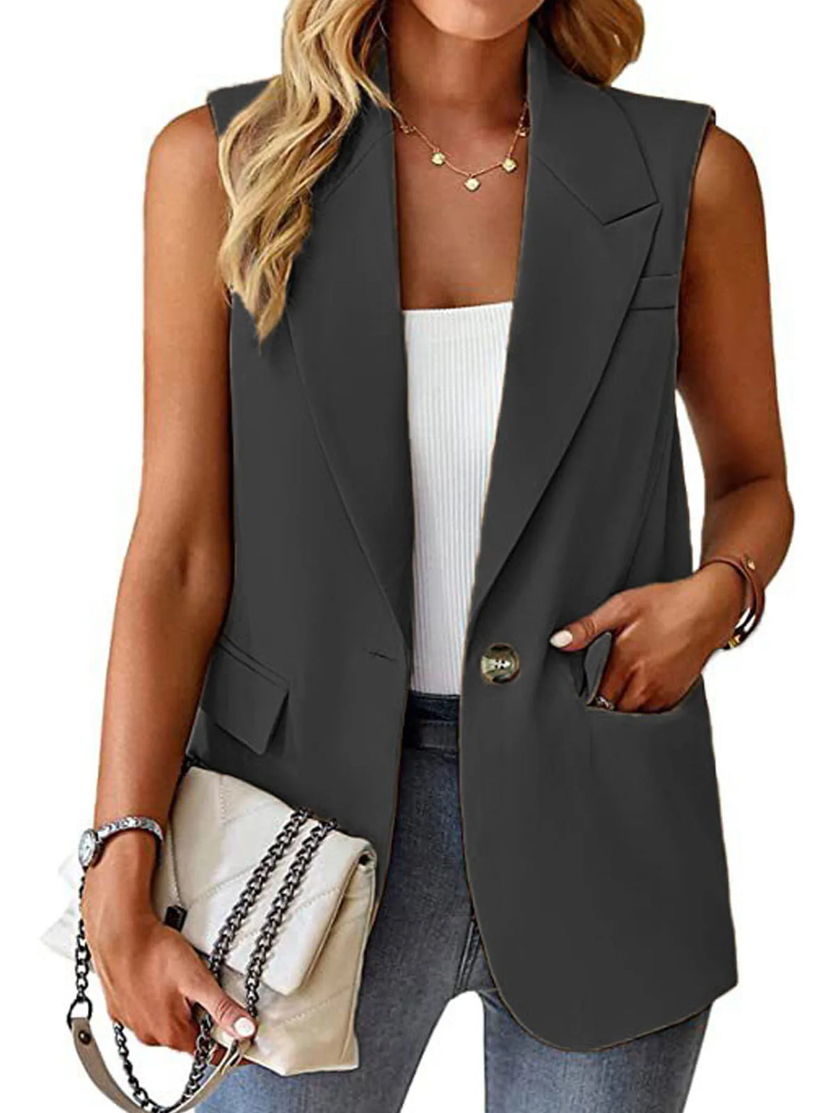 2025, ärmellose Blazer-Weste für Damen, lässige Büroweste, schmale Passform, Frühlings- und Sommer-Cardigan, Top, elegante Arbeitskleidung, Jacke