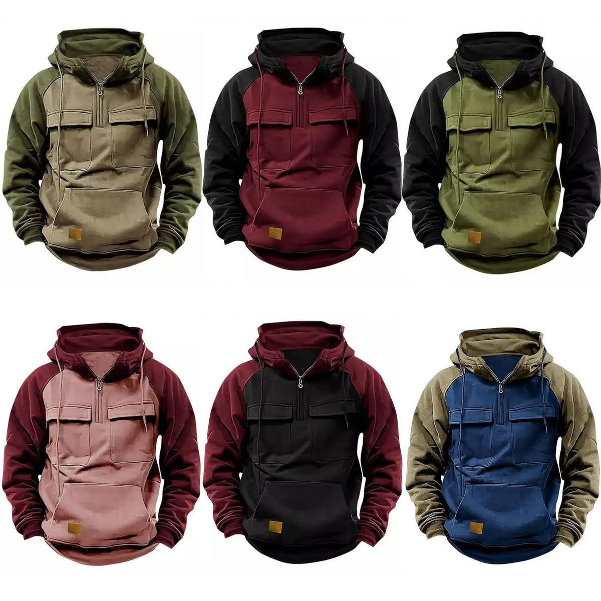 Herren Hoodie Sweatshirt Reißverschlusstaschen Arbeitskleidung Retro Farbblock Wintersport Flügelärmel Lose Passform Lässige Streetwear
