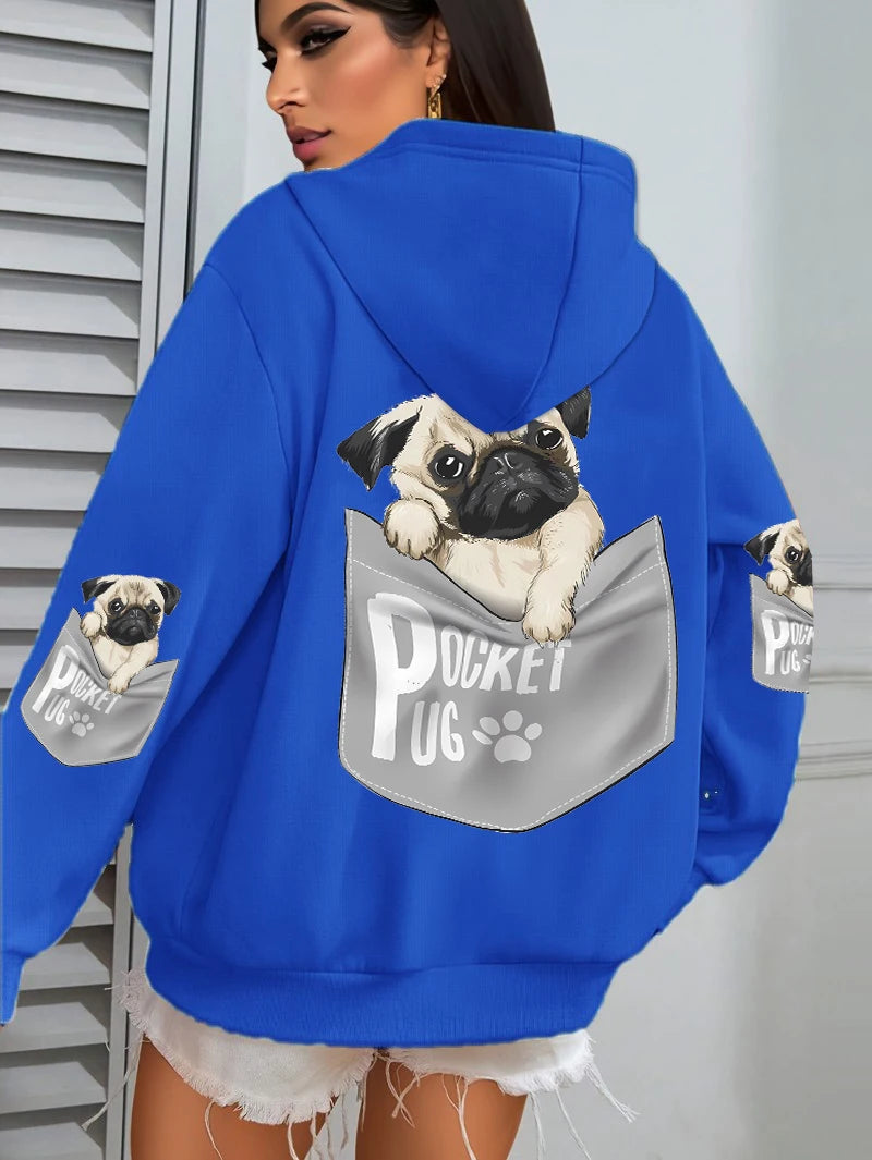 Tasche Mops Hoodies Frauen Cartoons hund Drucke Mit Kapuze Lose Taschen Sweatshirts Winter Fleece Warme Tops Straße Schwarz Frau Kleidung