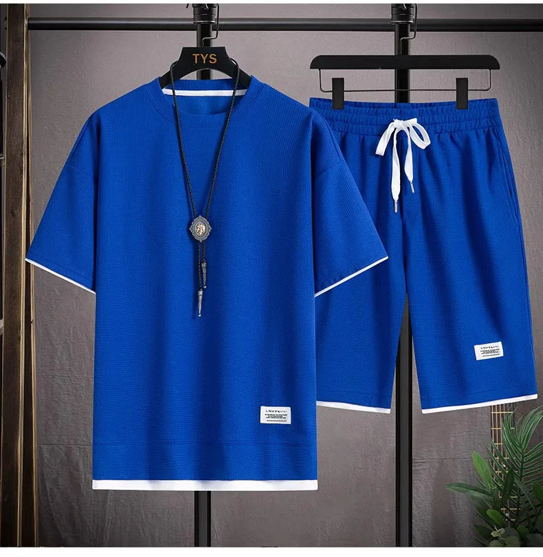 Waffel Herren Sommer Kurzarm und Shorts zweiteilige Sets Sport Casual Trainings anzug Männer bequeme coole Shorts übergroße Set