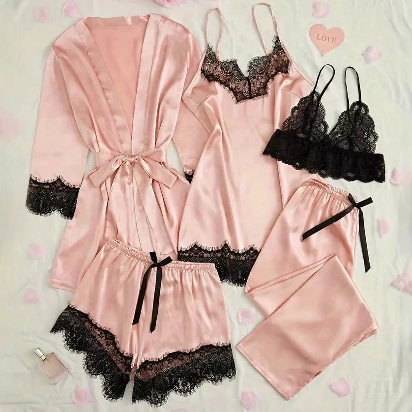 Damen Satin Nachtwäsche Pyjama Set Rosa Sexy Dessous Bademantel Spitze Patchwork Seide Nachtkleid Hose Home Bekleidet Nachtwäsche