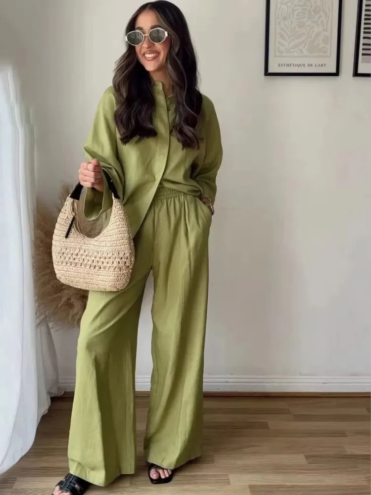 HH Frauen Casual Solide Bluse Hose Sets Lose Langarm Revers Shirts Elastische Taille Breite Bein Hosen Büro Dame Anzug