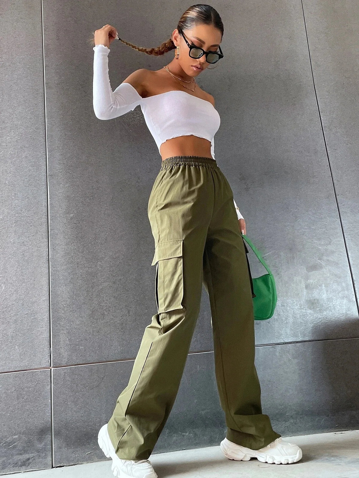 Elegante Feste Hohe Taille Zerrissene Hose Mode Frauen Tasche Elastische Gerade Cargo Hosen Casual Streetwear Sweatpant Y2K Hosen