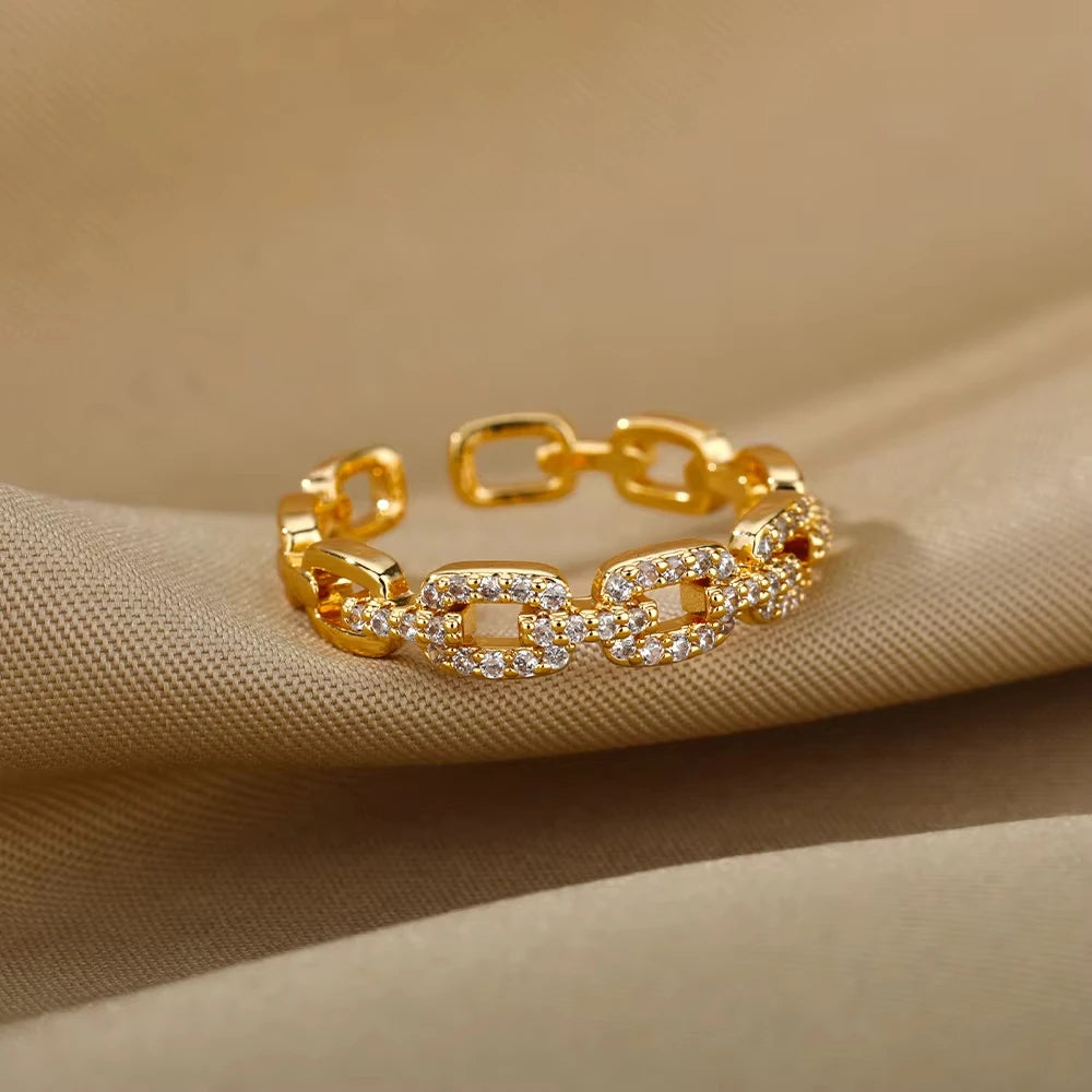 Luxus Zirkon Twist Kette Offene Ringe Für Frauen Edelstahl Gold Farbe Geometrische Ring Vintage Ästhetischen Schmuck Geschenk femme
