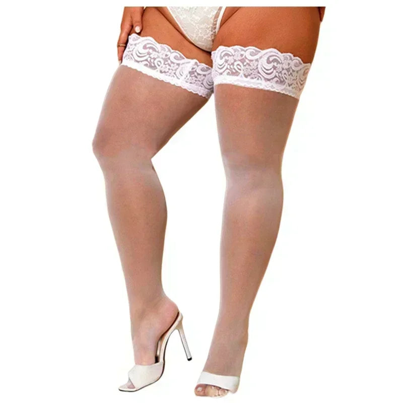 NEWJOINFUN Plus große Größe Spitze Anti-rutsch Strümpfe Frauen Sexy Oberschenkel Hohe Knie Ultra-dünne Fishnet Lange Socken schwarz Strumpf XXXL