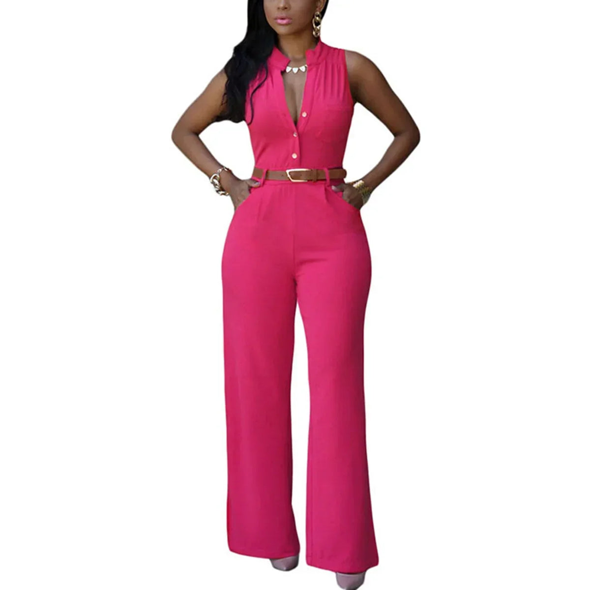 Damen Jumpsuit Sexy Ärmellos Tiefer V-Ausschnitt Weites Bein Jumpsuit Romper Mit Gürtel