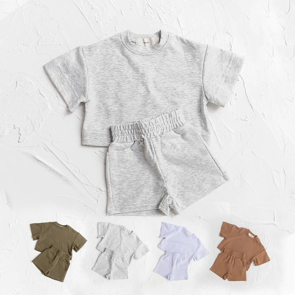 Sommer Baby Casual Kleidung Set Kinder Weiche Einfarbig Casual Kurzarm T Shirt + Shorts Kinder Mädchen Jungen Outfits mädchen Kleidung