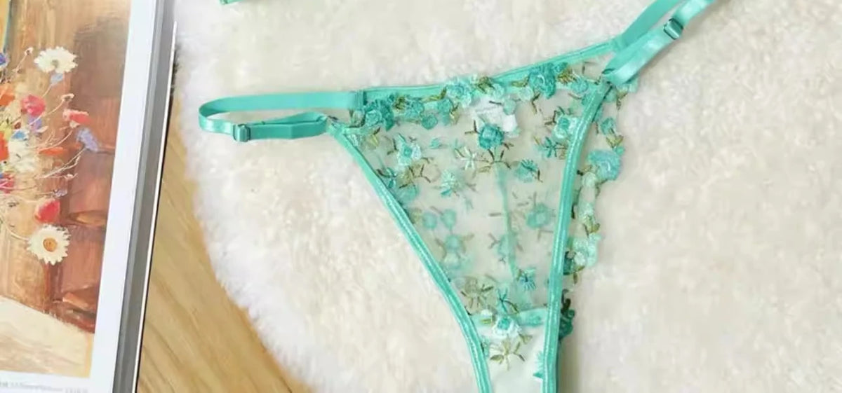 Französisches Blumen-BH-Set für Damen |   Süßes sexy transparentes Mesh-Spitze-Set, transparentes Unterwäsche-Set |   Praktisches und feminines MOYISU Sexy Höschen-Set