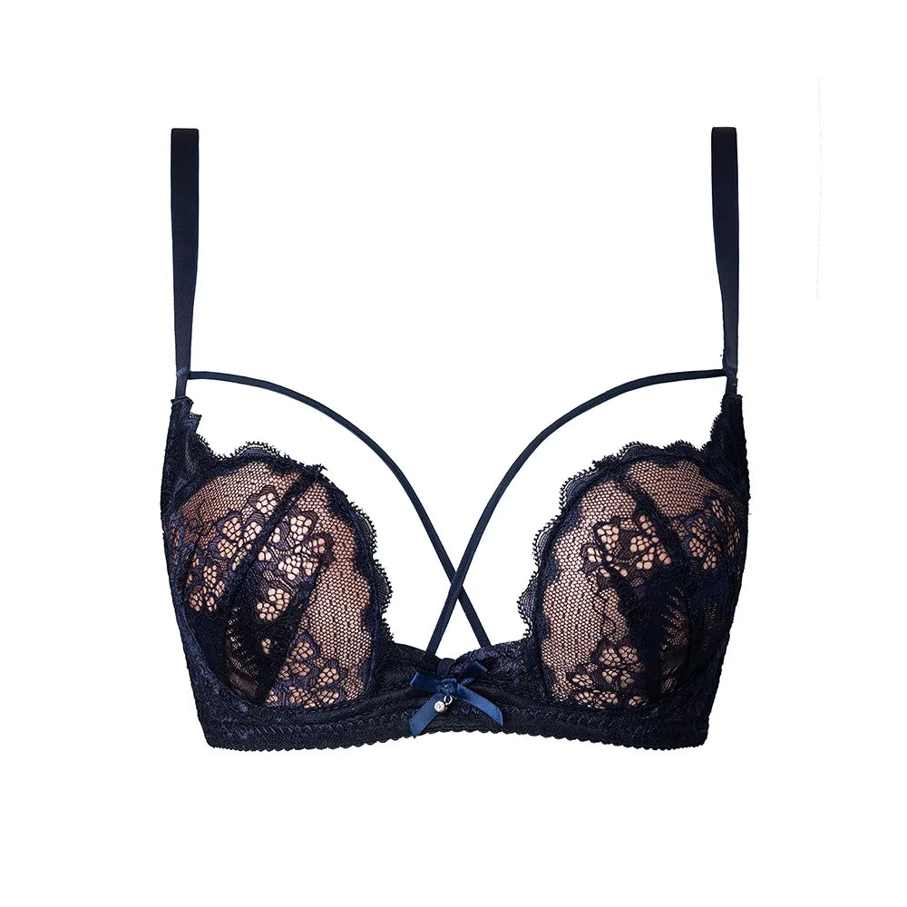 Eleganter, rückenfreier BH mit tiefem V-Ausschnitt, transparentes rotes Spitzen-Bralette für kleine Brust, dünnes Raff-Dessous-Set für Damen, tushy Bright Red Plunge AB