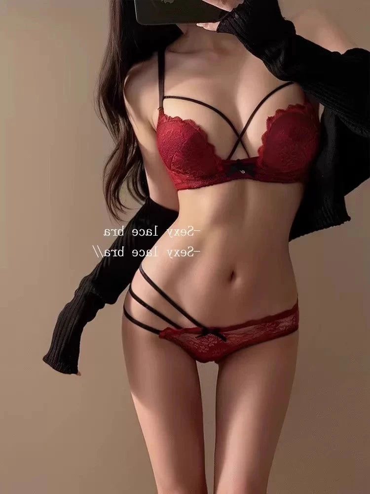 Eleganter, rückenfreier BH mit tiefem V-Ausschnitt, transparentes rotes Spitzen-Bralette für kleine Brust, dünnes Raff-Dessous-Set für Damen, tushy Bright Red Plunge AB