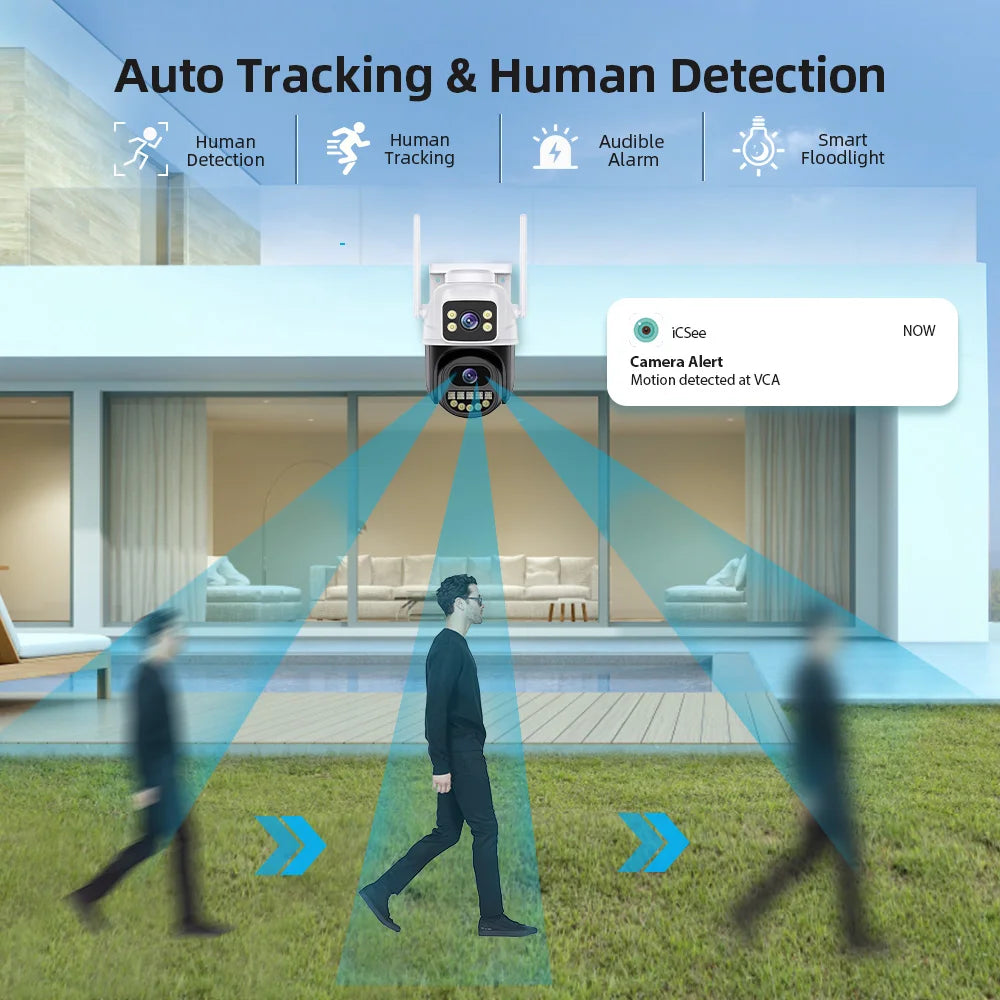 BELIA WiFi-Überwachungskamera mit zwei Objektiven, 4-facher Digitalzoom, 4K 8MP AI Human Detect, ONVIF, PTZ-IP-Sicherheitskameras für den Außenbereich