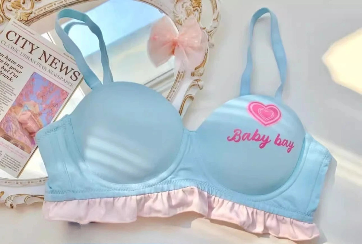 Kawaii Lolita Dessous Set Push-Up-BH, kabelloses gepolstertes Bralette für kleine Brust, süßes BH- und Höschenset im Barbie-Puppenstil MOYISU