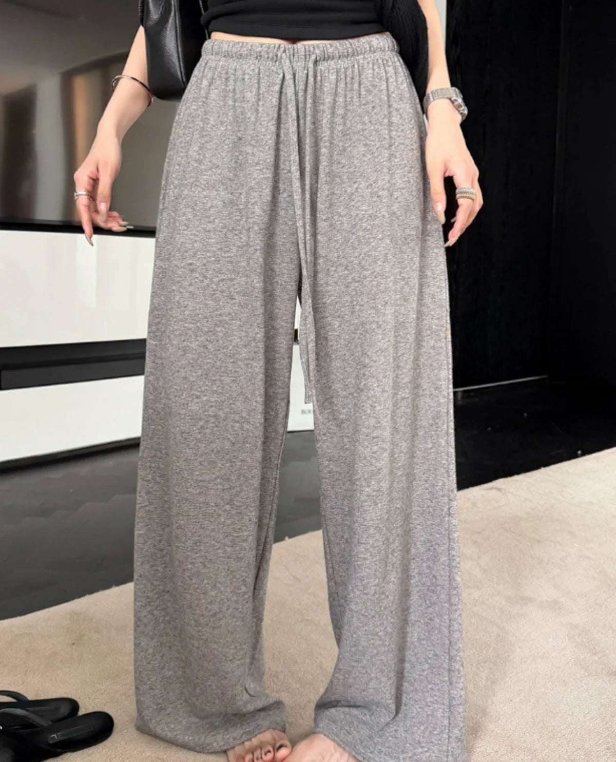 Damen Casual Weite Hose Einfarbig Modisch Elastischer Bund Kordelzug Jogginghose Amerikanische Sweatpants Street Koreanische Hose