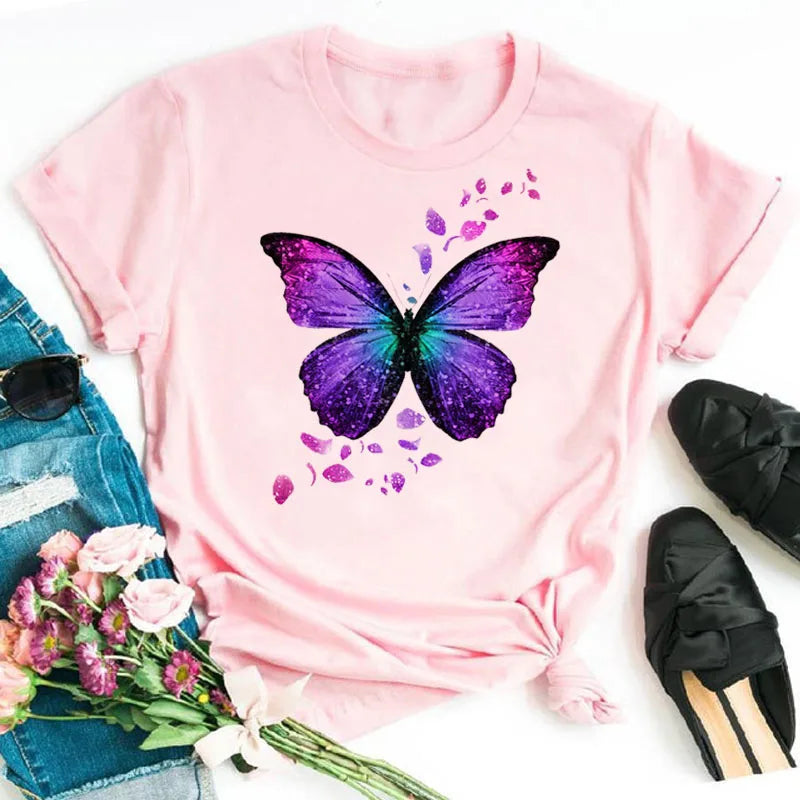 Neue blaue Schmetterling Blumen gedruckt T-Shirt Frauen Sommer lässig Kurzarm O-Ausschnitt Tops 90er Jahre Mode Grafik weibliche Tops T-Shirts