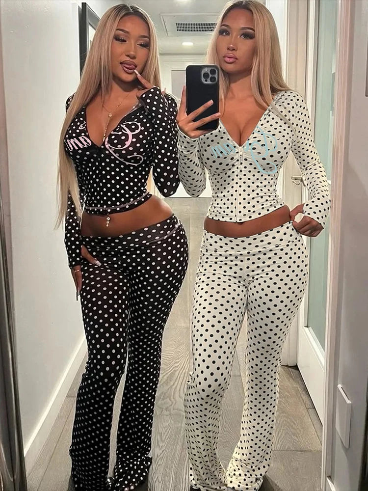 Kliou Polka Dot Letter Print 2-teiliges Set Frau Herbst Trend Sexy Nabel freiliegende Kapuzenoberteile + dünne pfirsichfarbene Hüfte lange Hose Streetwear